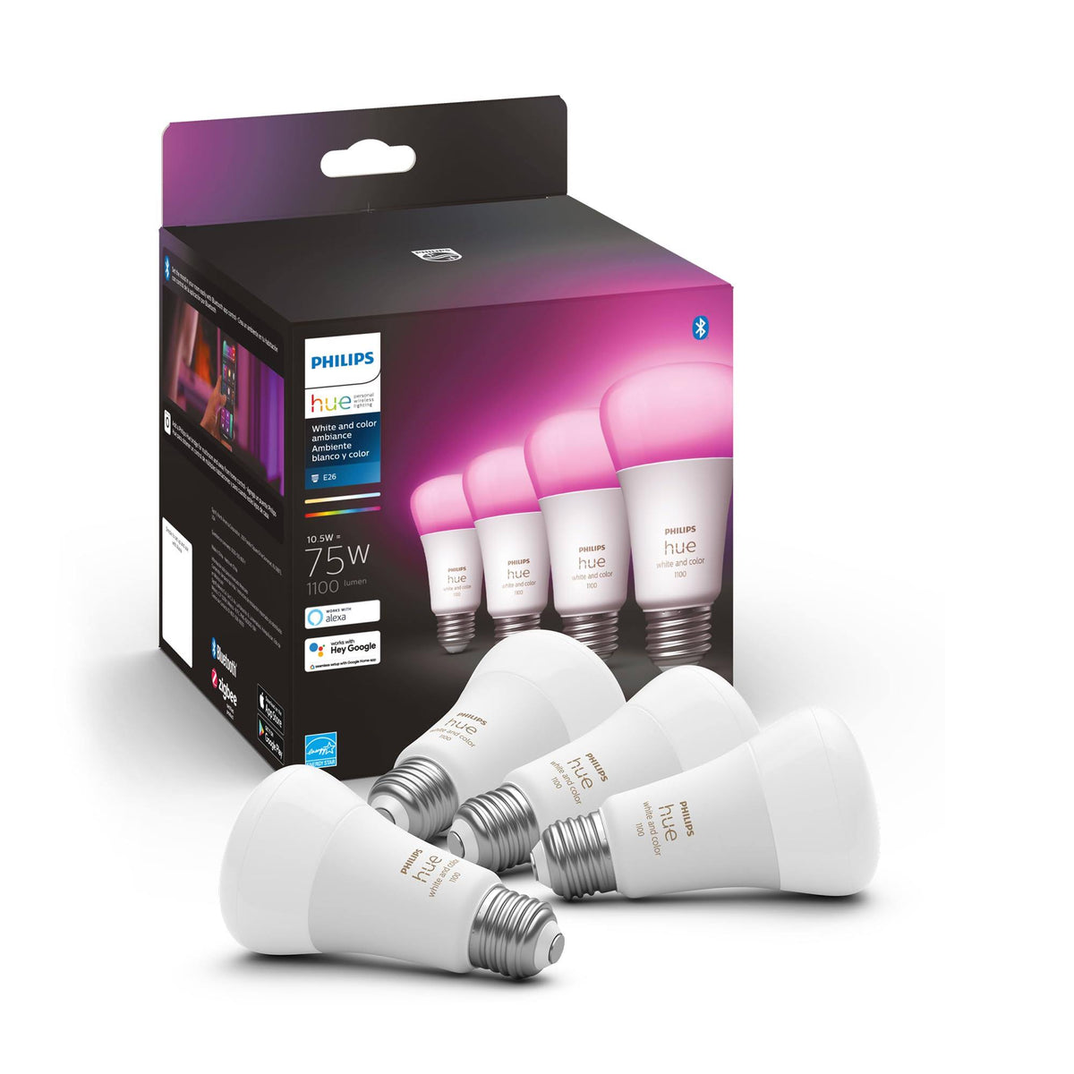 Philips Hue 75W A19 White and Color Ambiance LED Smart Color-Changing Bulb - Pack of 4 - E26, Indoor - Control with Hue App - Compatible with Alexa